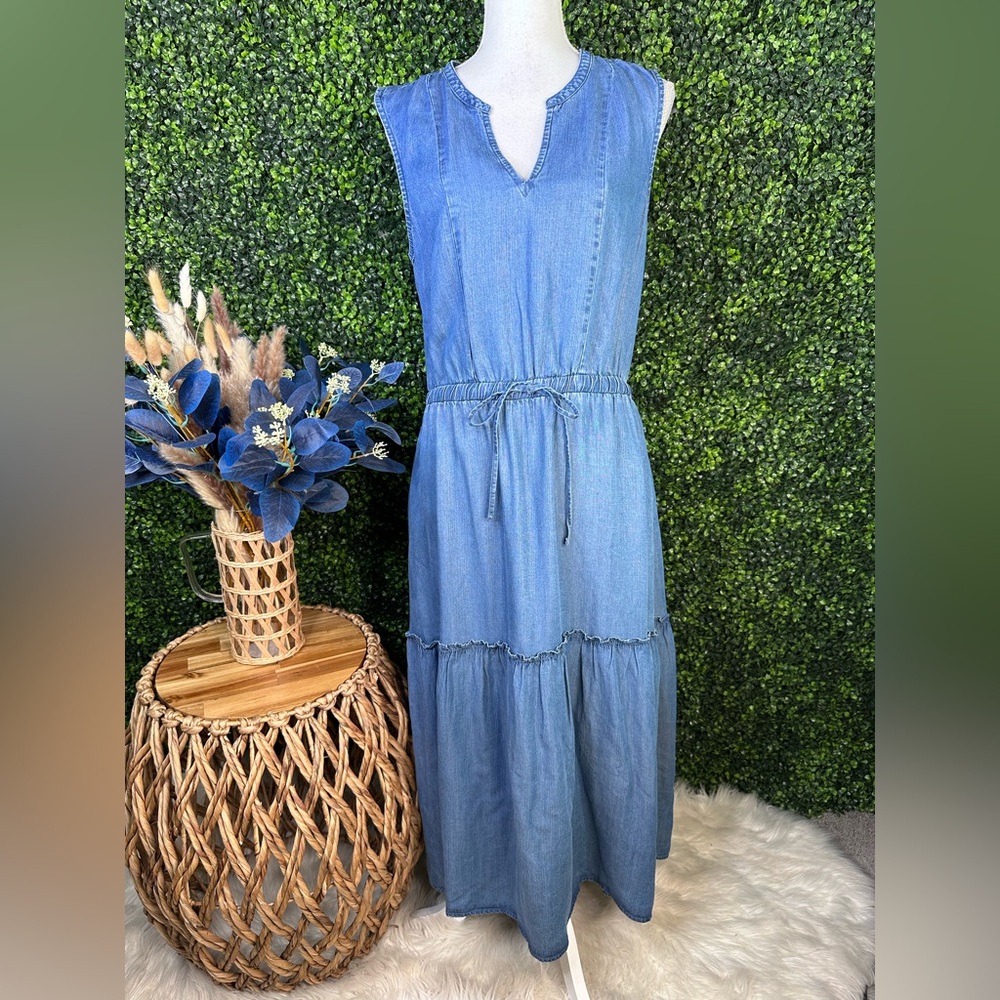 Lands'‎ End Blue chambray Lyocell tiered midi  Dress nwt